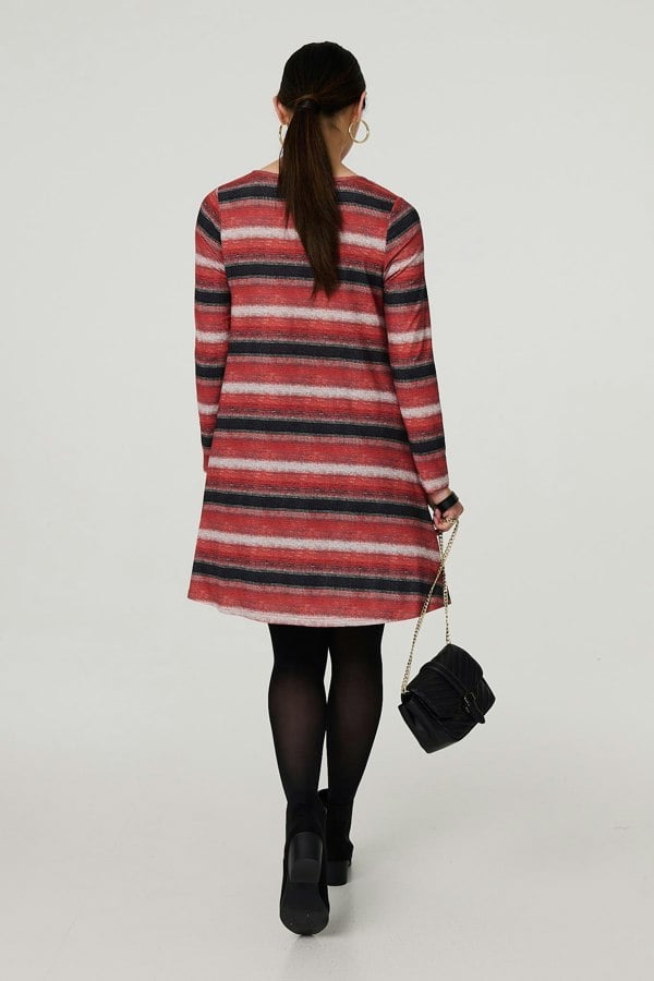 Orange | Striped Long Sleeve Short Swing Dress
