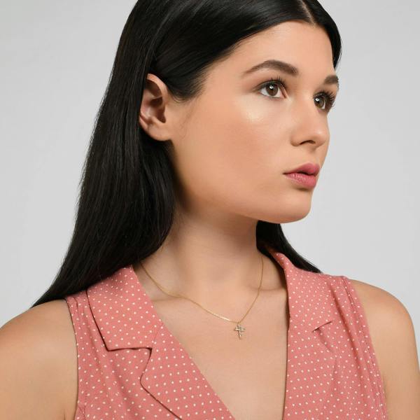 Gold Cross Pendant Necklace with Baguette Cubic Zirconia - namana.london