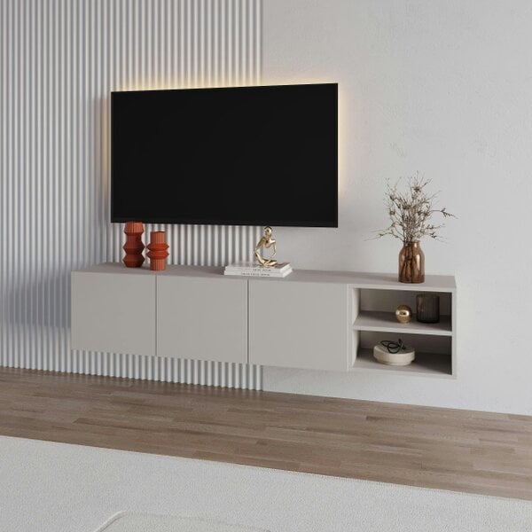 Decortie Conrad 180cm Floating TV Stand, Wall-Mounted Unit with 3 Soft-Close Doors & Open Shelves