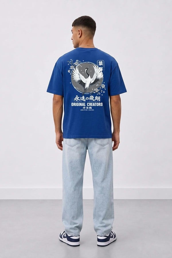 London Attitude Japanese Crane Oversized Heavyweight Back Print T-Shirt