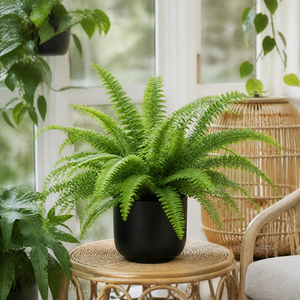 Boston Fern in White Ceramic Pot – Air-Purifying Gift for Plant Lovers - 1 - Matt Black Ceramic Pot