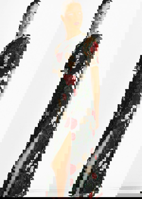 Gini London Black Angel Sleeves Embroidered Occasion Midi Dress