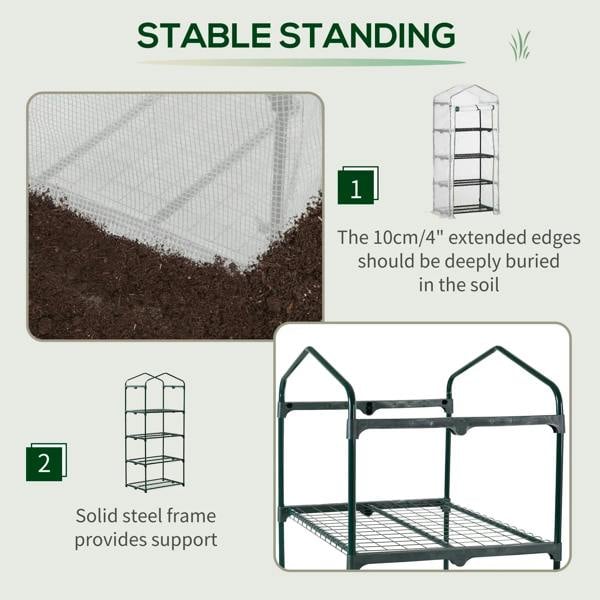 Mini greenhouse with white PE cover and green steel frame, four-tier removable shelves