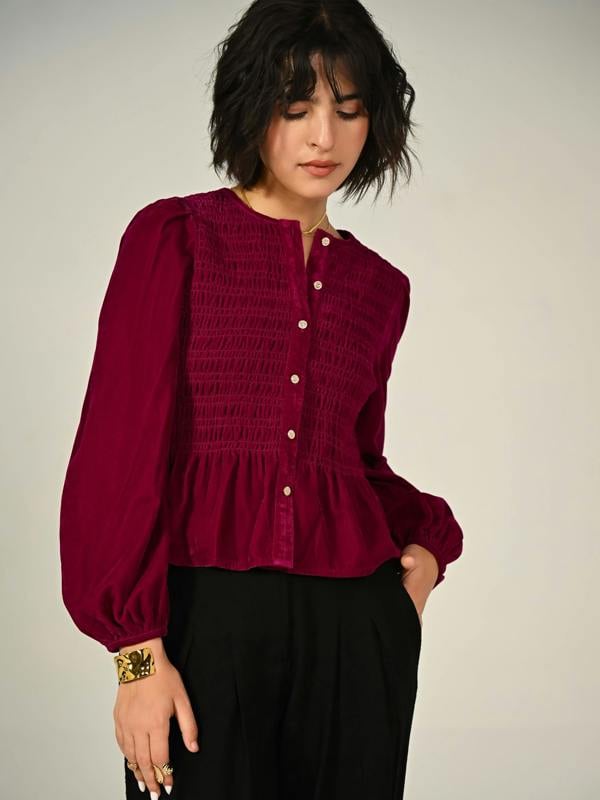 Rose & Nancy Maddie Burgundy Smocked Velvet Blouse