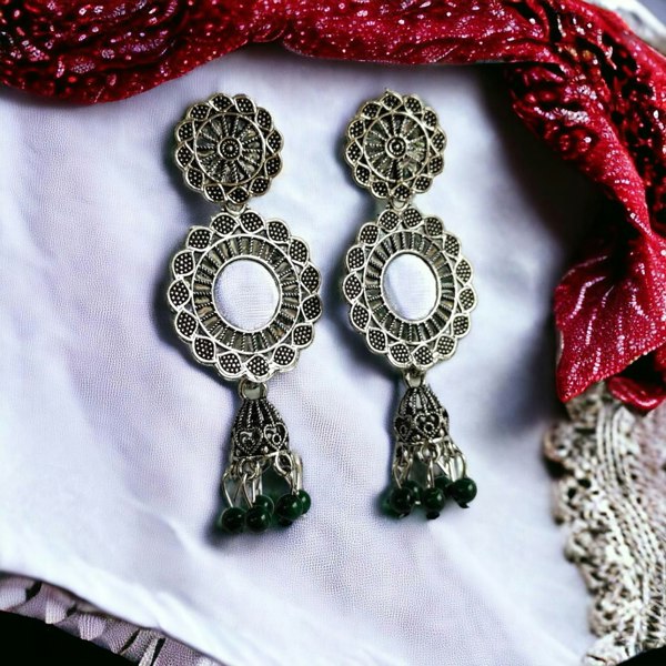 The Colourful Aura Indian Boho Oxidised Drop Ethnic Jhumkis Earrings