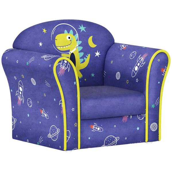 Kids blue planet dinosaur armchair with rounded arms and yellow trim, fabric upholstery