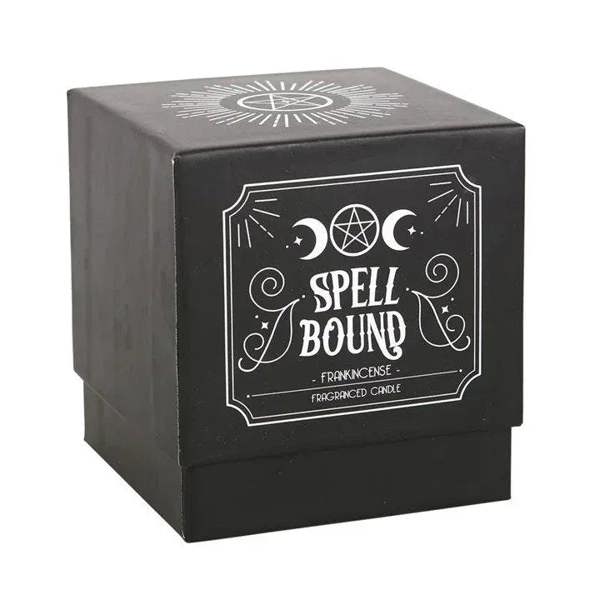 Black gift box for candle with white occult label and small 'frankincense' text