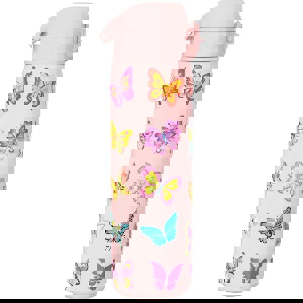 A pink water bottle features colorful butterfly illustrations covering its surface standing upright against a plain white background.