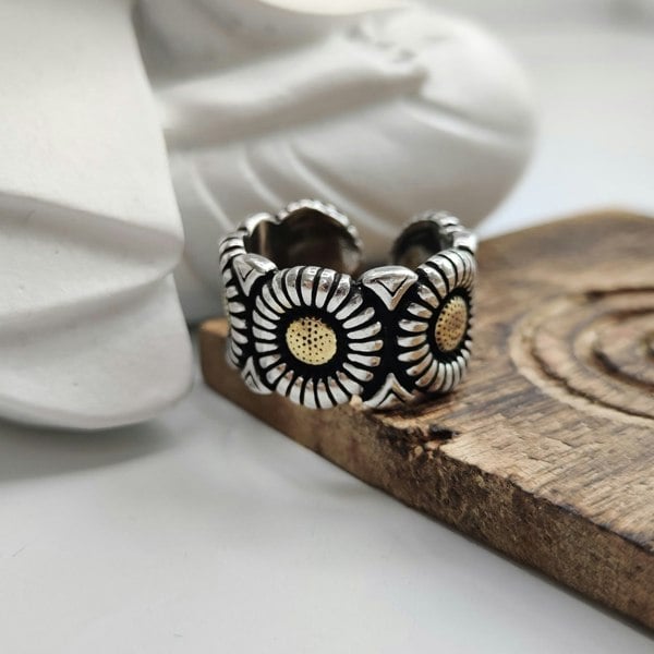 The Colourful Aura Silver Plated Vintage Sun Flower Daisy Wide Cuff Band Ring