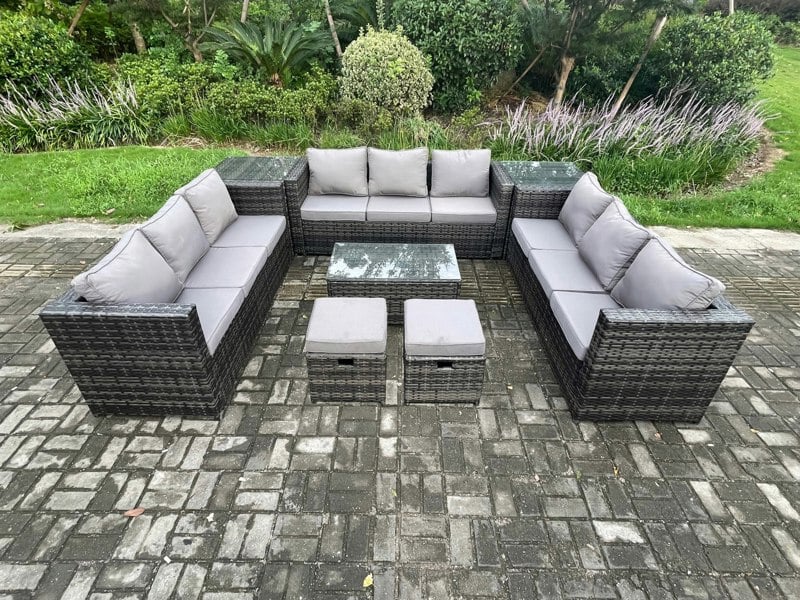 Fimous 11-Seater Dark Grey Wicker PE Rattan Outdoor Lounge Set | Oblong Coffee Table, 2 Side Tables, 2 Footstools