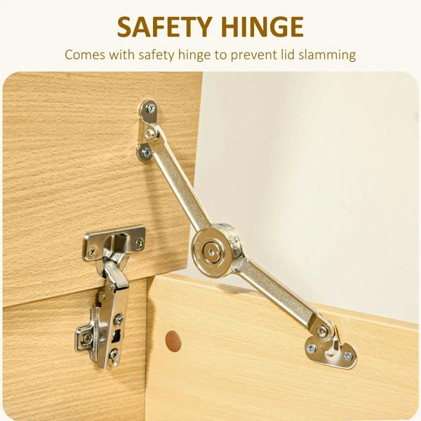 Burlywood storage chest safety hinge close-up supporting the flip-top lid