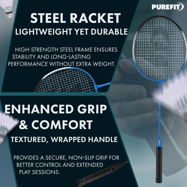 PUREFIT Badminton Set Includes 2 Rackets, 2 Nylon Shuttlecocks & Carry Case Tempered Steel Racquets for Outdoor Garden