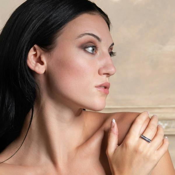 Skinny Sterling Silver Band Ring for Women with Blue Cubic Zirconia Stones - namana.london