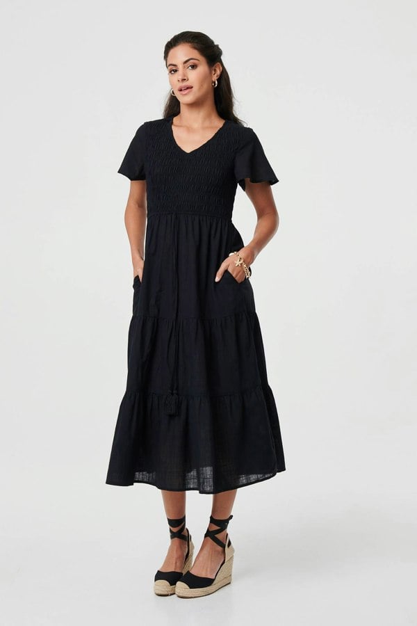 Black | Smocked Flared Sleeve Tiered Midi Dress
