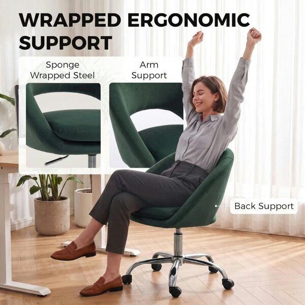 Velvet Desk Chair, Modern Office Chair with Height-Adjustable, Wheels, for Home Study Bedroom, Dark Green