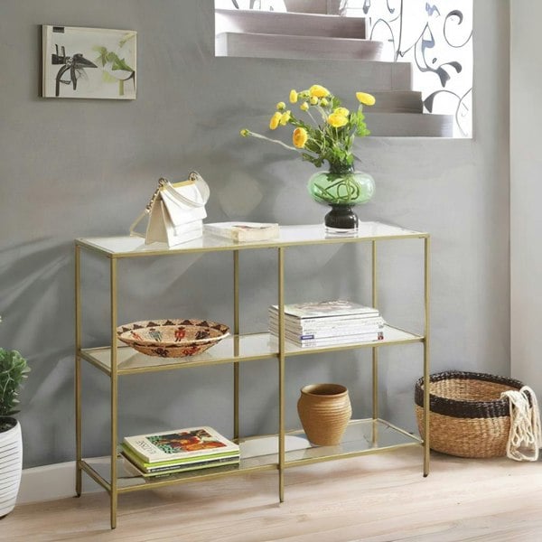 Rafaelo Mobilia Industrial Hallway Table With 3 Tempered Glass Shelves Gold
