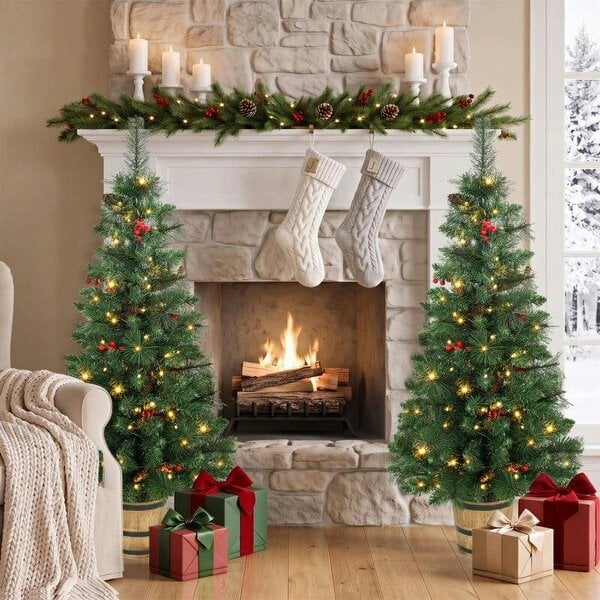 Bobobiy 2 PCs Prelit Christmas Trees with Dual-Colour LEDs, Berry, Pinecones, Battery-Operated, 11 Modes, Pot, Remote, 4ft - Green