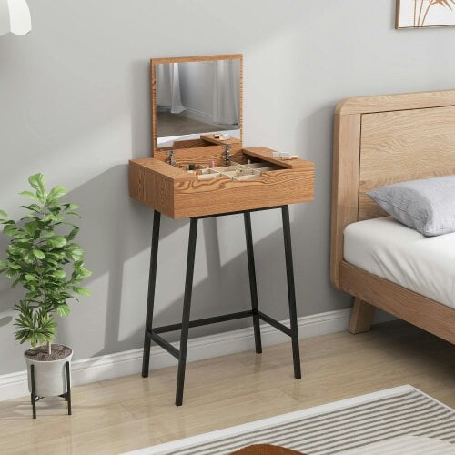Wyld Haus Fino Leri Natural Wood Industrial Vanity Desk With Flip Up Mirror And 6teen Storage Compartments