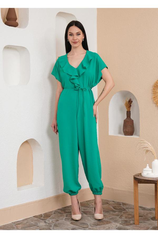 Hoxton Gal Oversized Short Sleeves Frilled Front Jumpsuit in Green