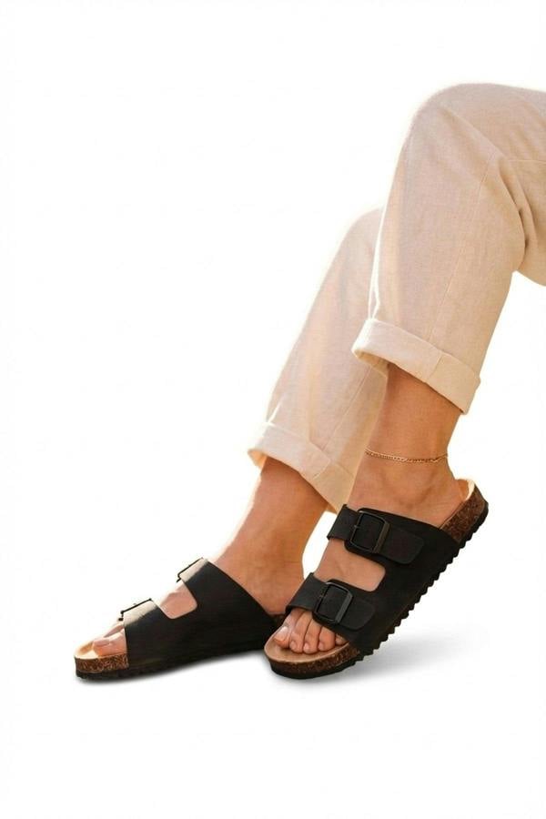 Harper Womens Double Buckle Cork Slide Sandals - BLACK_wb