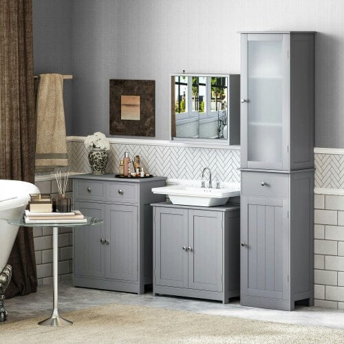 Wyld Haus Seseha Grey Under Sink Vanity Cupboard With Double Doors And Adjustable Shelving For Fauxdestal Or OFauxn Basin