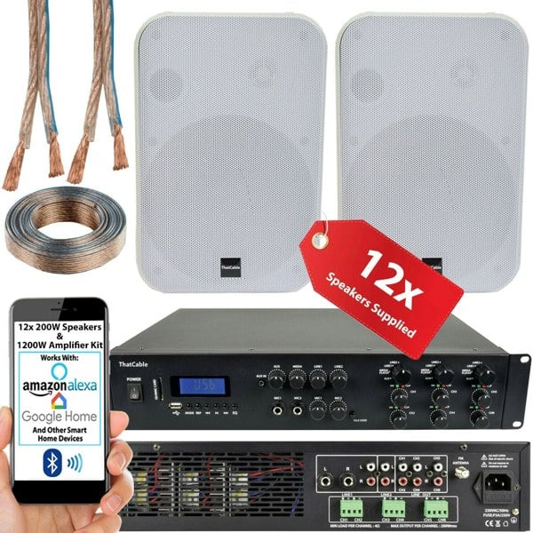 1200W Bluetooth Sound System 12x 200W White Wall Speaker 6 Zone Matrix Amplifier