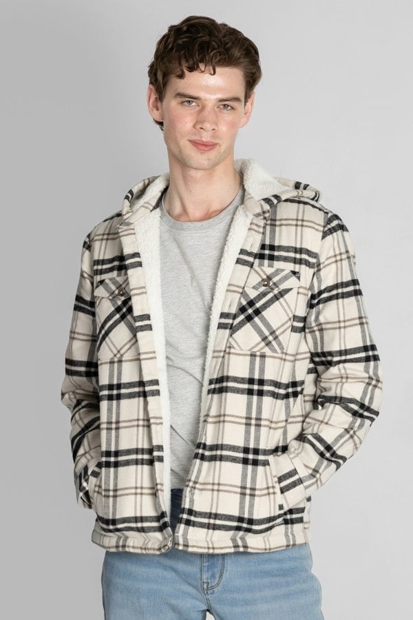 ENORSIA Men's Ecru Check Hooded Borg Lined Shacket