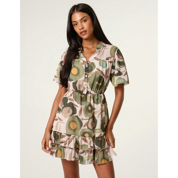 Blue Vanilla Printed Button Up Tiered Short Sleeve Dress