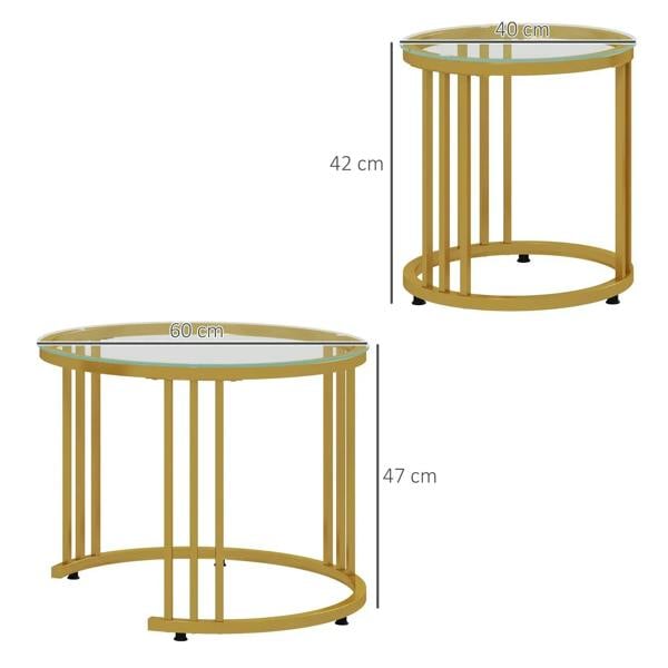 Gold nesting coffee table set of 2 with tempered glass tops, shown with dimensions