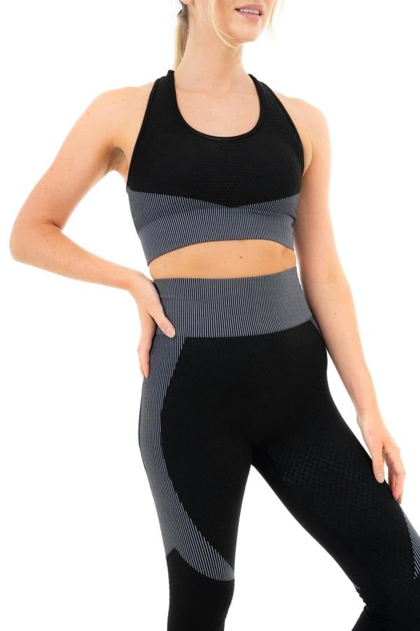 Smart Living Women's Textured Panel Sports Bra with Cross Strap - Black/ Grey