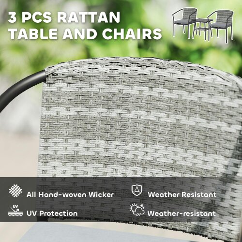 Wyld Haus Midi Grey Rattan 3 Piece Bistro Set With Cushions And Glass Coffee Table
