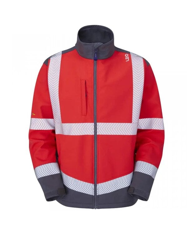 Leo Workwear Bowden EcoViz Softshell Jacket - Red / Grey
