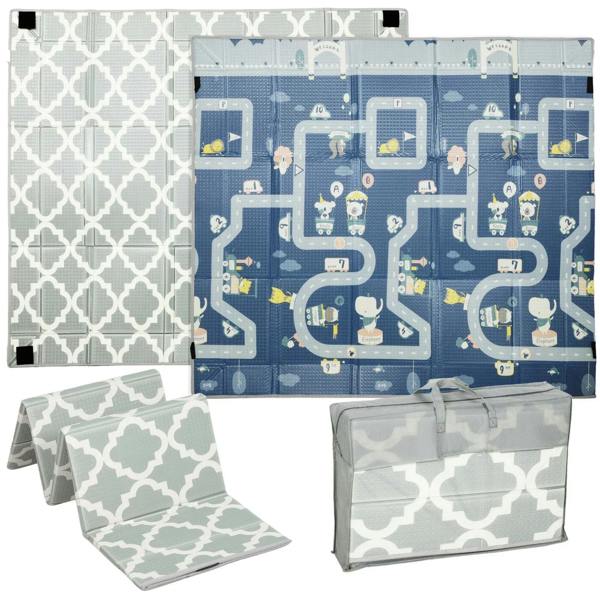 Foldable reversible foam play mat with blue traffic pattern and gray quatrefoil design
