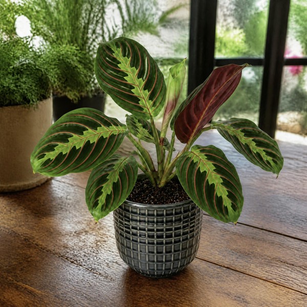 Maranta Leuconeura Prayer Plant 12cm - Beautiful Tricolour Indoor Foliage - Grey Ceramic Pot - 1