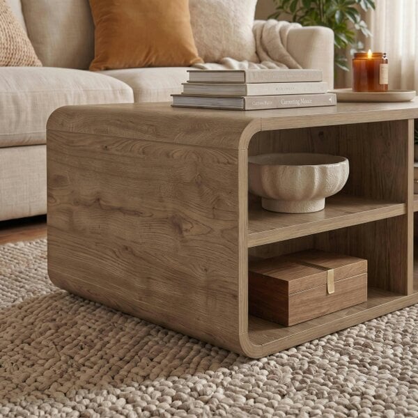Decortie Rovel Modern Coffee Table 80cm 4 Open Compartments Soft Rounded Edges Natural Oak Living Room