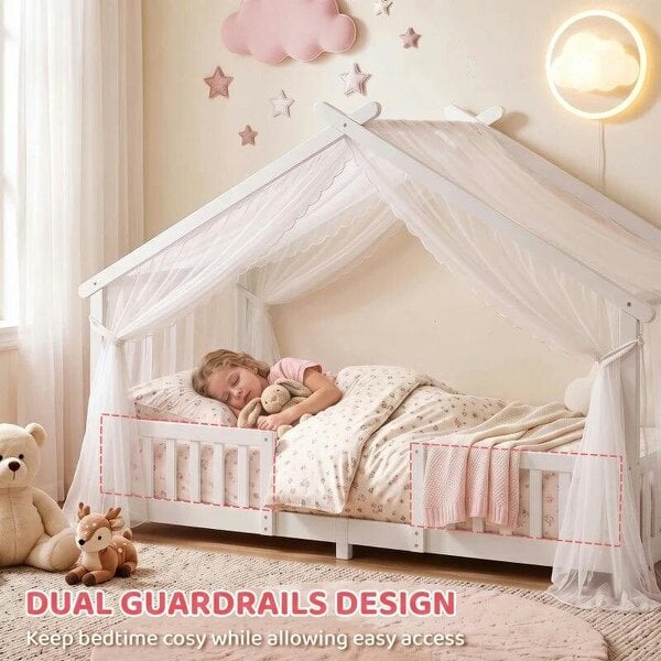 Wooden Kids House Single Bed Frame, Solid Pine Wood Toddler Bed with Dual Guardrails for Children, Boys, Girls, White