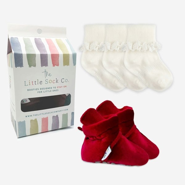 Little Sock Co. Stay-on, Non-Slip Crimson Red Velvet Booties + Frilly Sock Bundle