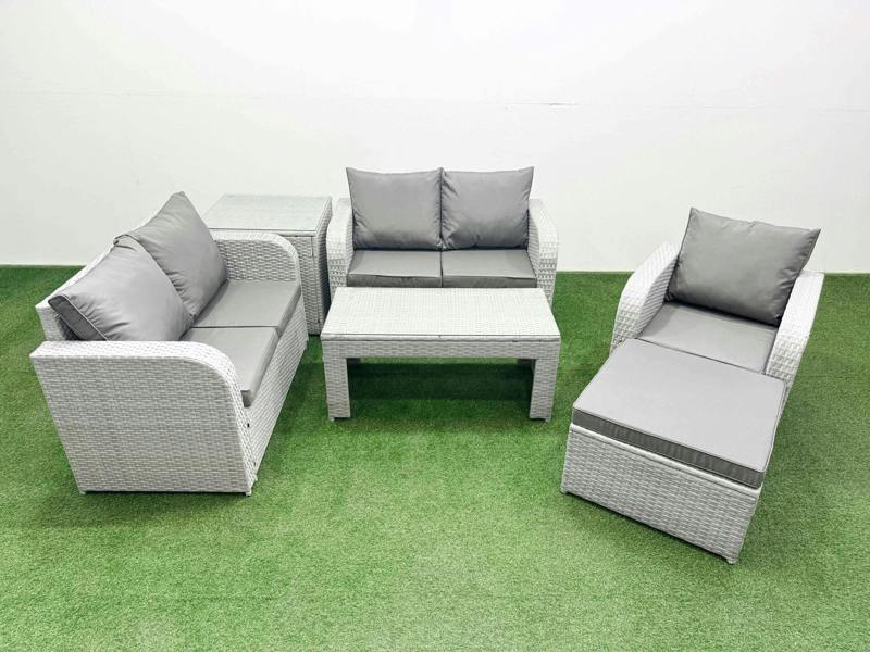 Fimous High Back Poly Rattan Garden Set, Reclining Loveseat Sofa, Oblong Coffee Table, Indoor Outdoor Patio, Big Stool and Side Table, Light Grey