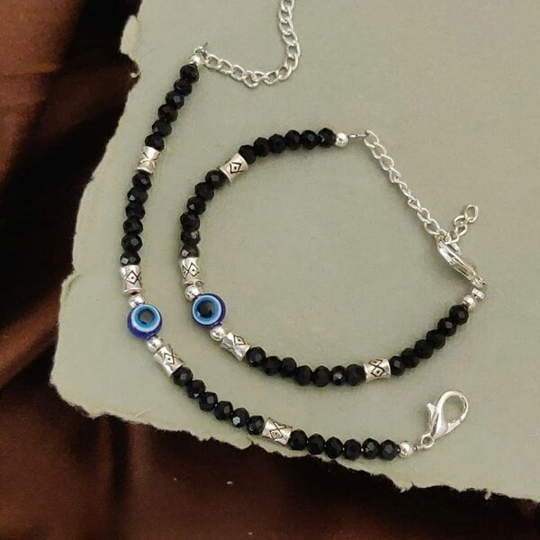 The Colourful Aura Silver Evil Eye Black Beaded Kids Indian Nazaria Bracelet