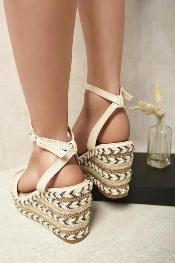 Allison Embellished Wedge Ankle Strap Sandals - Biege