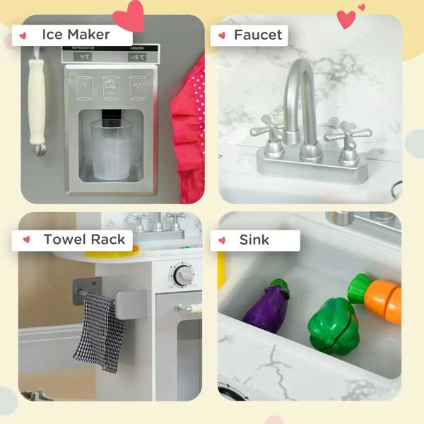 White toy kitchen accessory set with ice maker, faucet, towel rack and sink