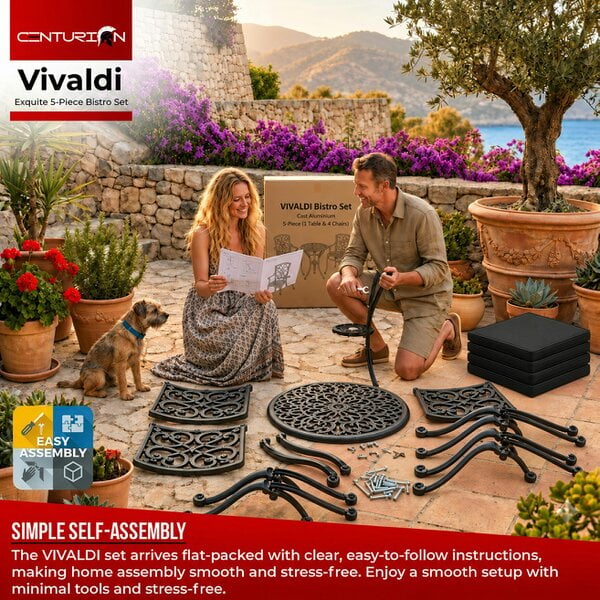 Centurion Supports VIVALDI Black 5-Piece Cast Aluminium Garden Bistro Set - with Black Cushions