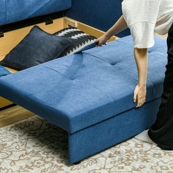 Bobobiy 2 Seater Sofa Bed with Hidden Storage, Pull Out Convertible Bed Settee, Modern Snow Flannel Loveseat Sofa Sleeper with 2 Cushions, Deep Blue