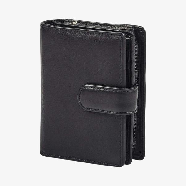 Black ladies trifold leather purse with RFID protection and zipped coin 
pocket