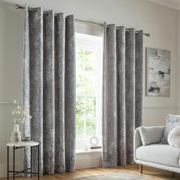 Catherine Lansfield Crushed Velvet Lined Eyelet Curtains Silver Grey