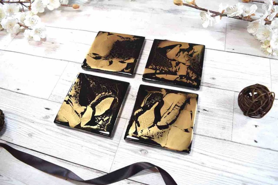 Kate Chesters Art Black Gold Resin Coasters for Drinks Set of 4