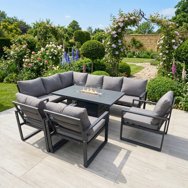 Fimous 8 Seater Aluminum Outdoor Garden Furniture Set with Corner Sofa, 3 Chairs & Gas Fire Pit Dining Table - Dark Grey
