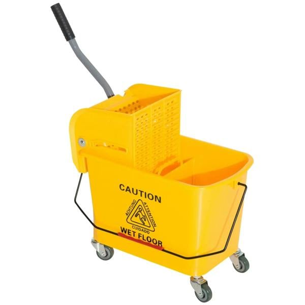 Yellow mop bucket on wheels with perforated basket insert and caution wet floor text