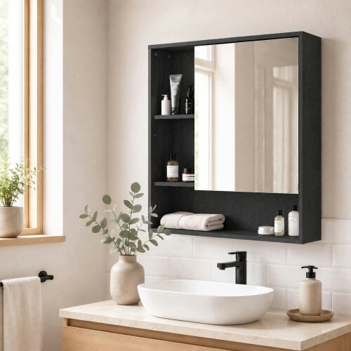 HOMCOM Bathroom Mirror Cabinet, Wall-Mounted, Adjustable Shelves