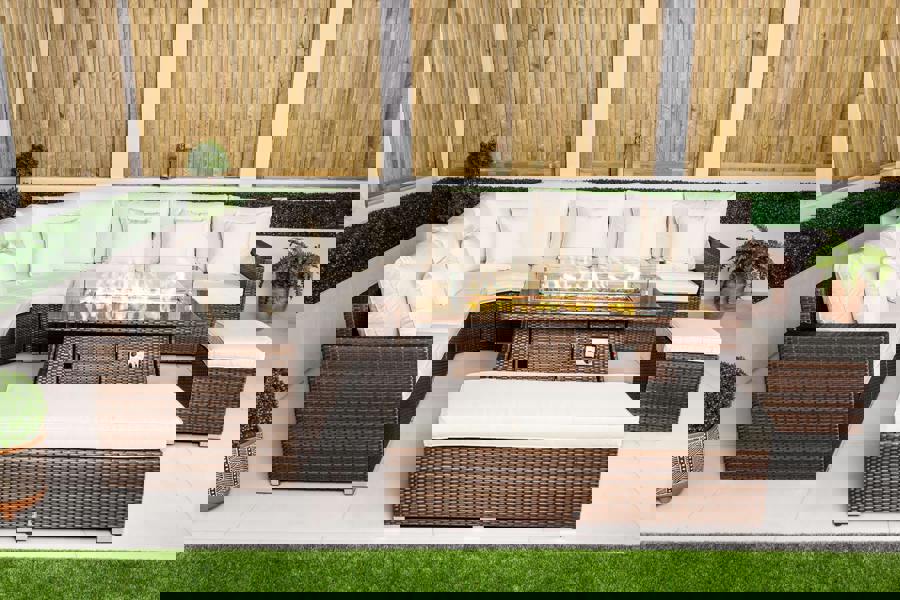 Giardino Santorini 6 Seat Modular Corner Sofa Rattan Garden Furniture Set Outdoor Fire Pit Coffee Table, Bench and Stool